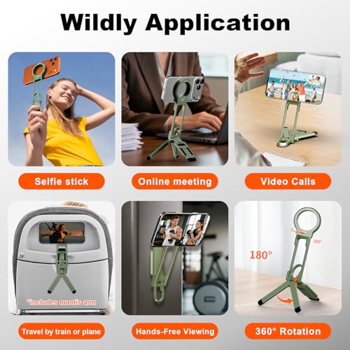 COMAN DP58 Magnetic Phone Tripod, Aluminum MagSafe Tripod Stand with Carabiner, Mini Portable Travel Pocket Stand for iPhone & Non-Magnetic Phones with Included Ring - color: Green
