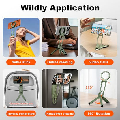 COMAN DP58 Magnetic Phone Tripod, Aluminum MagSafe Tripod Stand with Carabiner, Mini Portable Travel Pocket Stand for iPhone & Non-Magnetic Phones with Included Ring - color: Green