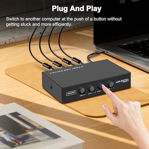 USB2.0 Printer Sharer Switcher, 4 Port USB B Print Selector Switch Adapter 4 in 1 Out Printer Splitter Hub for Printer Scanner Camera Keyboard