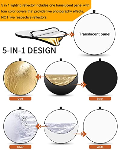 24in 5 in 1 Photography Reflector with Clip and Carrying Bag,Collapsible Photo Reflector,Round Light Reflectors for Photography,Gold Silver White Black Translucent Diffuser for Studio Outdoor Shooting - size: open size: 60cm/24inch