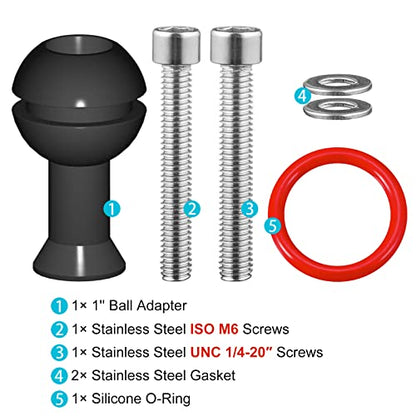 MINIFOCUS 1" Ball Adapter with M6 & 1/4" Threaded Stud, Aluminum Alloy Fixed Ballhead Mount Adapter for Action Camera & Camcorder Compatible Underwater Tray Bracket Flashlight System
