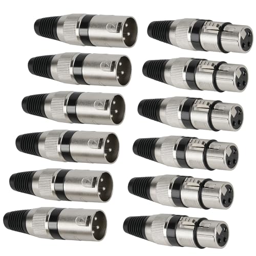 (12 Pack) 3-Pin XLR Cable Connector, Zinc Alloy Shell (6 Male & 6 Female) Solder Type Microphone Line Snake Plug Adapter, Mic Audio Socket for High Conductivity and Ultra-Low Noise - style: 6 Pairs