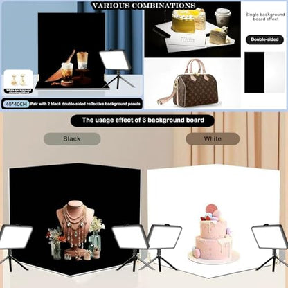 14PCS Absobent Black Flocked Photography Backdrop Boards with LED Lighting Studio Kit 16x16 inch Anti-Glare Photo Background Backdrop Shooting Tent for Product Food Jewelry Cosmetics Makeup
