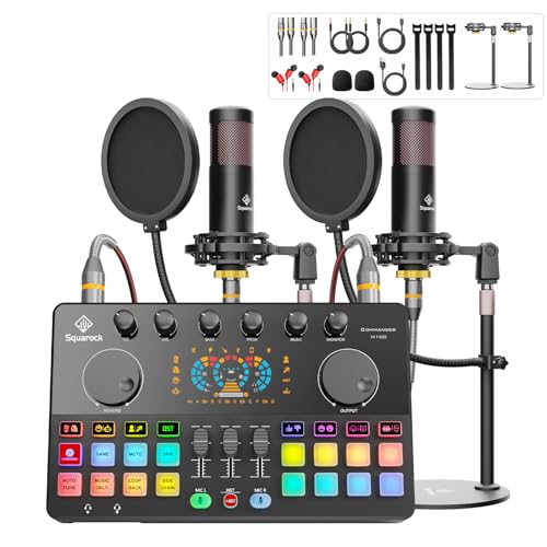 Podcast Equipment Bundle for 2 with Dual 48V XLR Condenser Micophones with Mic Pop Filters Audio Equipment for Live Streaming/ Recording, Online Gaming for Phone/ Laptop/ PC Audio Interface M100 - style: M100-2X pro (2 mics)
