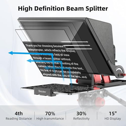 Desview P15 Teleprompter 15 inch Professional Prompter with HD Glass & Adjustable Mirror Compatible with DSLR Cameras Smartphones Tablets for Video Recording Live Streaming - size: P15 Teleprompter