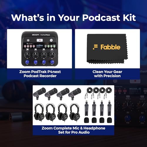 Zoom PodTrak P4next Podcast Recorder Bundle with Four Zoom ZDM-1 Podcast Microphone Packs, Including Headphones, Windscreens, XLR Cables, and Tabletop Stands for a Complete Recording Setup