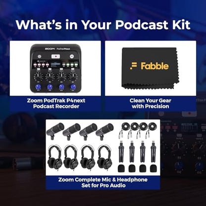 Zoom PodTrak P4next Podcast Recorder Bundle with Four Zoom ZDM-1 Podcast Microphone Packs, Including Headphones, Windscreens, XLR Cables, and Tabletop Stands for a Complete Recording Setup