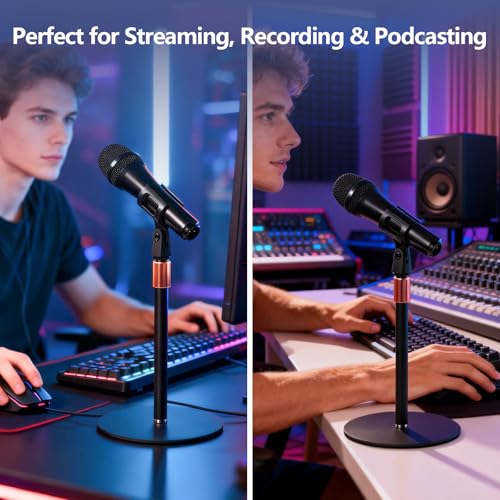 BILIONE Desktop Microphone Stand for Podcast Recording, 9-16.5“ Height Adjustable Mic Stand for Desk with 1.3 lb Weighted Base, Heavy-Duty Metal Construction, Universal 3/8” to 5/8" Adapter, 2 Clips - size: Mic Stand Desktop