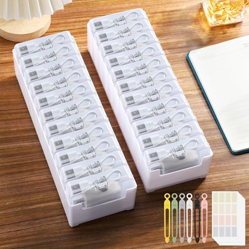 2 Pack Cable Organizer Storage Box with Wire Ties, Desktop Charger Cord Storage Organizer Box, Charger Organizer with Clear Cases Stickers for Office Home Storage Stationery Supplies, Large - size: Large