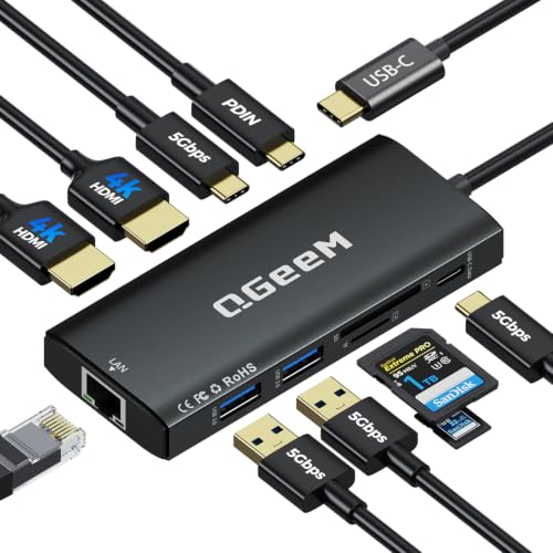 USB C Hub,10 in 1 Laptop Docking Station 2x4K@60Hz,Type-C Multiport Adapter with Dual HDMI,PD100W,5Gbps Data Ports,Extender Splitter,Card Reader,Ethernet Dock for Mac/Dell/HP/Surface/Steam Deck - color: Black