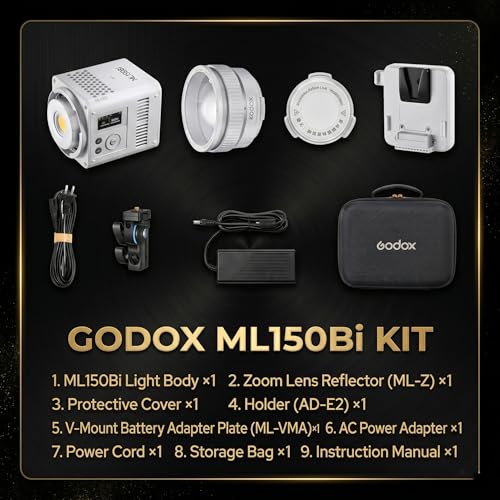 Godox ML150Bi Bi-Color LED Video Light, 61054Lux@1m, 2800K–6500K, CRI96, TLCI96+, Godox Mount, APP/NFC Control, Compact Handheld Light for Studio, Portrait & Outdoor Shooting (Battery Not Included)