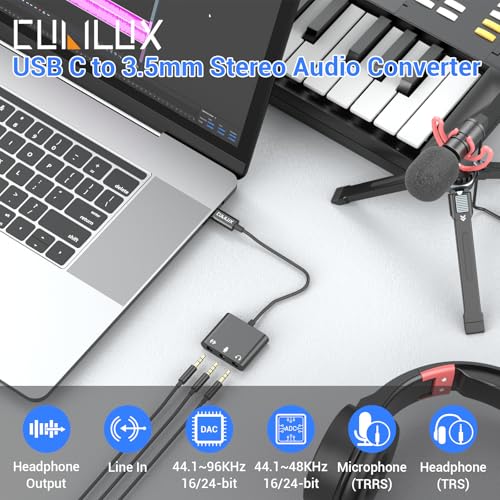 Cubilux USB C to 3.5mm Adapter for Live Streaming/Recording, USB C to TRRS Microphone Splitter for Laptop, Recording Adapter with Line-in & Mic-in & 3.5 Headphone Out-Suitable for Laptop/PC