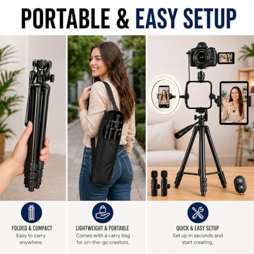 Acuvar Premium 9-Piece Vlogging Kit for iPhone, Android & Cameras – Wireless Microphone, Tripod Stand & LED Ring Light – YouTube, TikTok & Content Creator Bundle - size: Pro Kit + Wireless Mic