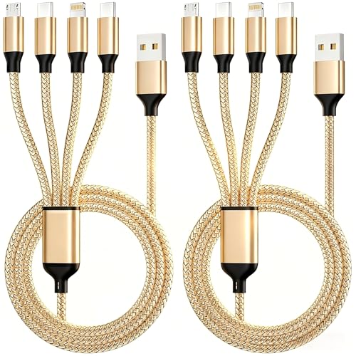 Travel Essentials, Dual Type-C 4 in 1 Charging Cable 2 Pack 5FT Multi Charging Cables for All Devices,iPhone Charger Cord Adapter 2 USB-C/IP/Micro Port for Phones,Pad,Galaxy (Gold) - color: Gold