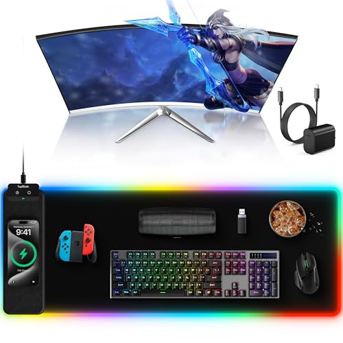 TopMade Mouse Pad with Wireless Charging, 31.5" x 11.81" Large Desk Mat RGB Gaming Mousepad, LED Desk Pad Keyboard Pad, Waterproof Desk Pad (Includes 20W PD Power Adapter & 6.56ft Woven Cable) - color: RGB-31.5"x11.8"-with Adapter