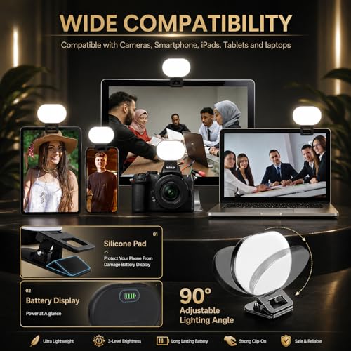 Clip On Selfie Light for Phone & Laptop, 60 LED Portable Selfie Light, Rechargeable 2000mAh Ring Light with 3 Modes 10 Brightness for Zoom, TikTok, Webcam, Makeup & Video Recording, Studio Lighting