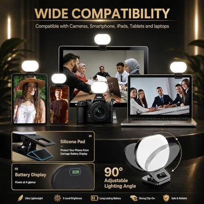 Clip On Selfie Light for Phone & Laptop, 60 LED Portable Selfie Light, Rechargeable 2000mAh Ring Light with 3 Modes 10 Brightness for Zoom, TikTok, Webcam, Makeup & Video Recording, Studio Lighting