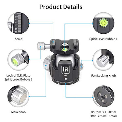 Low Profile Tripod Ball Head-INNOREL N44,Panoramic CNC Metal Camera Tripod Ball Head with Two 1/4" Screw Arca Swiss Quick Release Plates for Tripod,Monopod,DSLR,Camcorder,Max Load 55lbs/25kg - size: N44-Sliver
