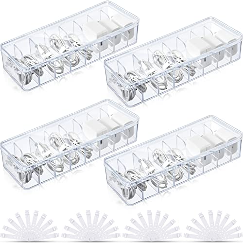Tatuo 4 Pcs Cord Organizer for Drawer Desktop, Cable Organizer Box with 8 Compartments and Wire Ties, Plastic Charger Storage with Lid, Electronics Case for Home Office Accessories (Small,Clear) - color: Clear