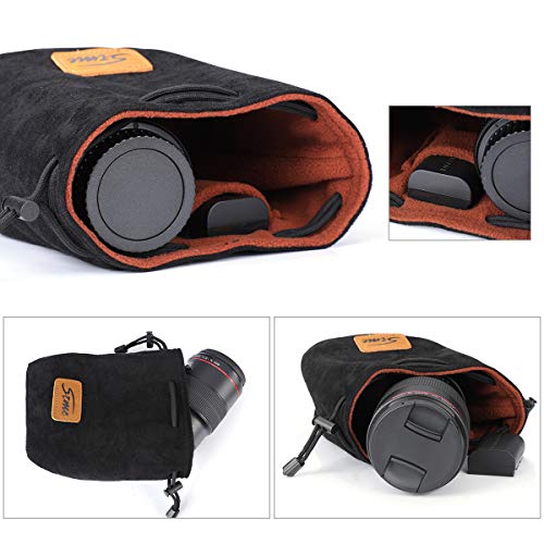 S-ZONE Soft Camera Bag DSLR Insert Handbag Drawstring Lens Case Compatible with Canon Nikon Sony | Soft Suede, Drawstring closure, Dust-proof, Scratch-resistant, Compatible with Canon Nikon Sony - color: Black, size: Large