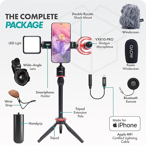 Movo iVlog1 Vlogging Kit - iPhone Lightning Compatible YouTube Starter Kit - Shotgun Microphone, Mini Tripod, LED Light, Wide-Angle Lens, Lightning Adapter