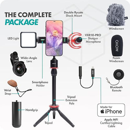 Movo iVlog1 Vlogging Kit - iPhone Lightning Compatible YouTube Starter Kit - Shotgun Microphone, Mini Tripod, LED Light, Wide-Angle Lens, Lightning Adapter