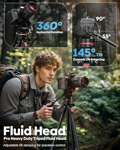 CAMBOFOTO 68" Fluid-Head-Camera-Tripod, Professional Travel Video Tripod for Camera DSLR, Camcorders, Binoculars, Spotting Scope, Telescope, Max Load 8.8lbs, Black