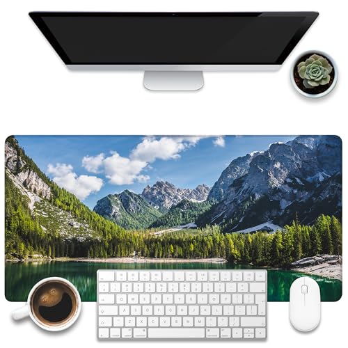 Desk Mat, Lake Mountain Landscape Desk Pad, The Alps Large Gaming Mouse Pad for Desk, 31.5"x15.7" Extended Big Computer Keyboard Mouse Pad with Non-Slip Base and Stitched Edge - color: Lake Mountain Landscape