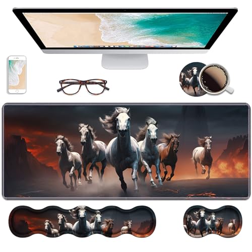 Ergonomic Keyboard Wrist Rest & Mouse Pad Wrist Rest Set, Large XXL Gaming Desk Mat 31.5"x 11.8" with Non-Slip Base, Memory Foam, Easy Typing Pain Relief for Home & Office, Running Horses - color: Running Horses