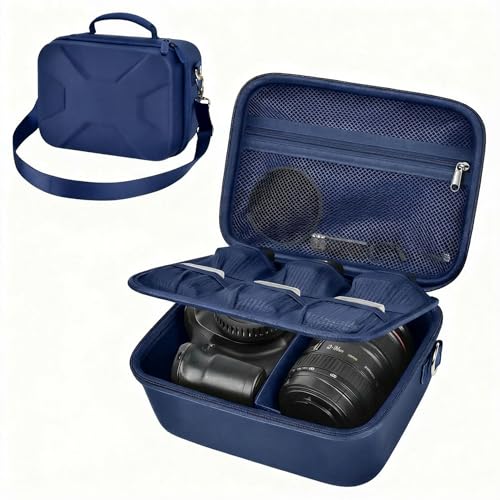 Comecase Hard Camera Case for Canon R50/R100/T7, for Sony A6400/ZV-E10 | Small Camera Bag with Hard EVA Shell, Adjustable Dividers, 6 Battery/SD Organizer Slots and Shoulder Strap, Dark Blue - color: Dark Blue