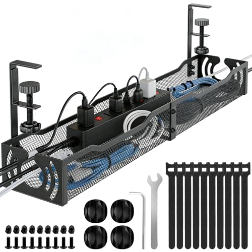 Cable Management, 25.3'' Under Desk Cable Management Tray No Drill, Metal Cable Organizer with Clamp for Wire Management, Cord Organizer for Home Office, Desk Accessories Organizer, Black - color: Black, size: 25.3 inch