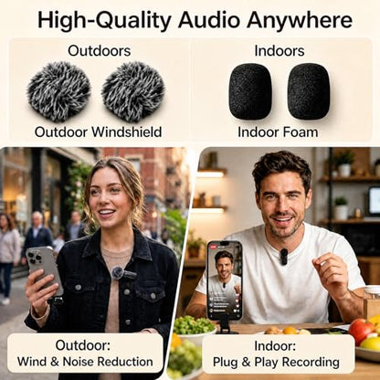 Wireless Lavalier Microphone for iPhone Android, 2Pcs Mini Mic, Plug & Play | Noise Cancelling, 64dB Adaptive, 0.35oz Featherweight, 65ft Range, 6H Battery, for Content Creators Vlogging, YouTube, TikTok