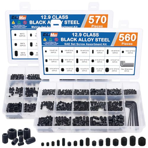 1130PCS Set Screws, 32 Sizes Metric & SAE Set Screw Assortment Kit, Allen Head Socket Hex Grub Screws for Bathroom Fixtures, Door Handles, Alloy Steel Black (M3-M8, 1/8"-40 to 5/16"-18) - size: 1130PCS-Black