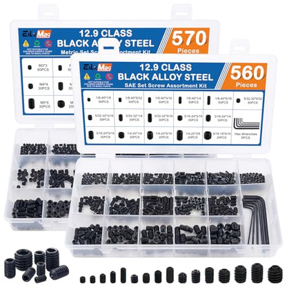 1130PCS Set Screws, 32 Sizes Metric & SAE Set Screw Assortment Kit, Allen Head Socket Hex Grub Screws for Bathroom Fixtures, Door Handles, Alloy Steel Black (M3-M8, 1/8"-40 to 5/16"-18) - size: 1130PCS-Black