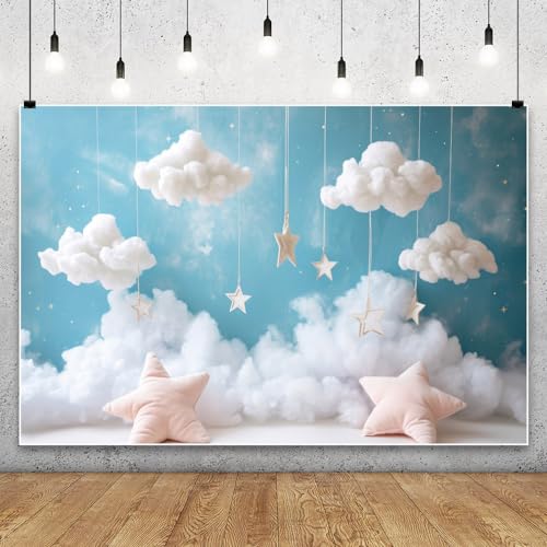YongFoto Cute Sky Clouds Star Blue Backdrop 10x7ft Kids Photography Background Boy Girl Birthday Baby Shower Cradle Ceremony Party Banner Child Portrait Photoshoot Wallpaper Photo Studio Booth Props - color: Blue, size: 10ftx7ft