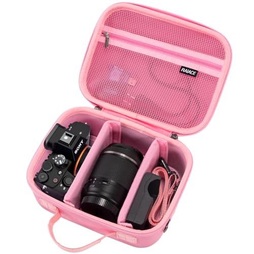 RAIACE Hard Case Compatible with Sony Alpha 7 II III IV/7R V Camera, for Nikon, for Canon, for Pentax and More. Mesh Pocket for Charger, Cables, Cards and Accessories. (case only) - Pink - color: Pink