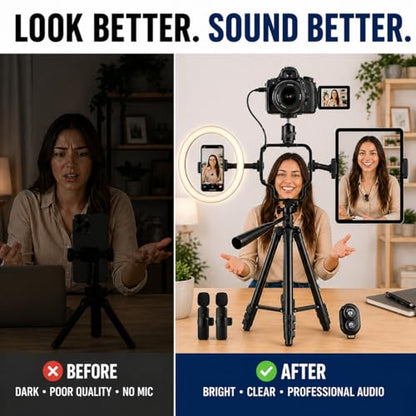 Acuvar Vlogging Kit with Ring Light Tripod – Content Creator Kit for iPhone, Android & Tablets, Microphone, Remote, YouTube & TikTok Starter Kit for Influencers
