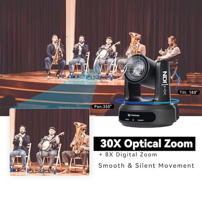 TONGVEO NDI AI Auto-Tracking IP PTZ Camera SDI/HDMI/USB3.0/LAN PoE 30X Optical + 8X Digital Zoom 1080P 60fps for Live Streaming Church Services Education Video Conference with OBS vMix and More - color: Shadow