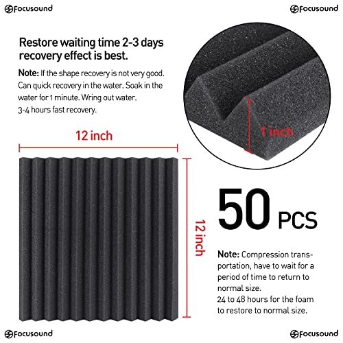 Focusound 50 Pack Acoustic Foam Panels 1" x 12" x 12" Sound Proof Foam Panles Soundproofing Noise Cancelling Wedge Panels for Home Office Recoding Studio with 300PCS Double-Side Adhesive - size: 50 Pack