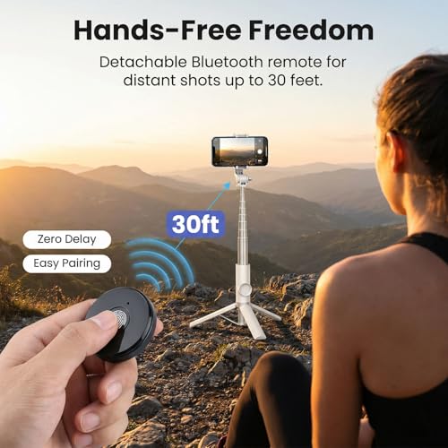 Selfie Stick Tripod Portable Extendable Cell Phone Stand with Detachable Mini Ring Light Phone Tripod Stand with Bluetooth Remote for iPhone Android for Vlogging/Travel/Live Streaming (White) - color: White