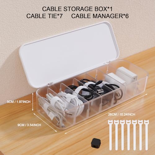 Cable Organizer Box with 7 Wire Ties and 6 Magnetic Cable Clips, Desktop Cord Management Box with Dividers and Lid for Home Office Storage – White - size: 1-Pack