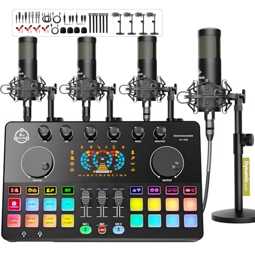 Podcast Equipment Bundle for 4, Audio Interface with 4 Dynamic Microphone, 4 Desktop Mic Stands, Voice Change, DJ Mixer for Vocal Recording Podcasting,Streaming,Singing TikTok, COMMANDER M100 3rd - color: HS-M100-4D