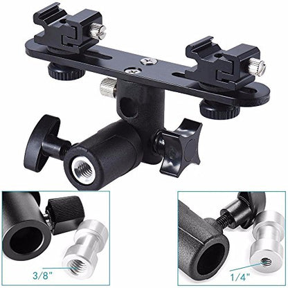 EXMAX E2 Adjustable Double Flash Bracket Dual Hot Shoe Speedlight Stand Umbrella Holder Light Stand Bracket Mount 1/4" to 3/8'' for Studio Video DSLR Camera