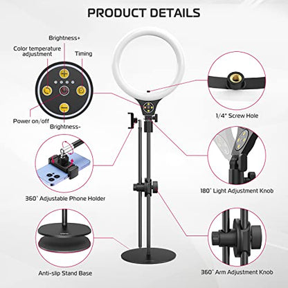 ULANZI [Upgraded Base] Overhead Tripod for Phone with 10 Selfie Ring Light, Phone Stand for Filming 3500k-6500K Dimmable, Ring Light Phone Holder for Video Recording, Live Stream, Portrait，Makeup