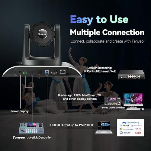 Tenveo HDMI/USB3.0/LAN(PoE) PTZ Camera AI Humanoid & Face Auto-Tracking, 20X Optical Zoom PTZ Camera IP Live Streaming, FHD 1080P 60FPS, for Church Services Worship Video Conference Live Streaming - color: Classic Black