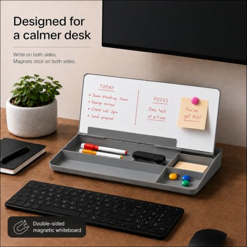 Glass Desktop Magnetic Whiteboard with Storage, Frosted Glass Dry Erase Board for Desk, Desk Organizer with Strong Magnets and Phone Stand for Home Office and School Supplies