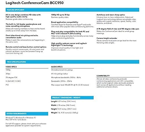 Logitech Conference Cam BCC950 Video Conference Webcam, HD 1080p Camera with Built-In Speakerphone (Renewed)