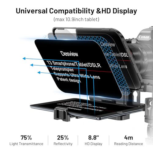 Desview T3 Teleprompter for Camera & Smartphone - Supports iPad/Tablet up to 10" - Beam Splitter Glass with Bluetooth Remote - Wide Angle Support for YouTube, TikTok & Live Streaming