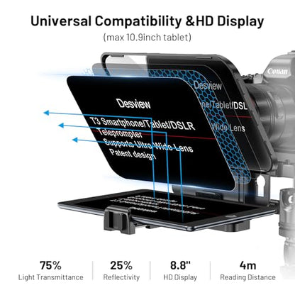 Desview T3 Teleprompter for Camera & Smartphone - Supports iPad/Tablet up to 10" - Beam Splitter Glass with Bluetooth Remote - Wide Angle Support for YouTube, TikTok & Live Streaming