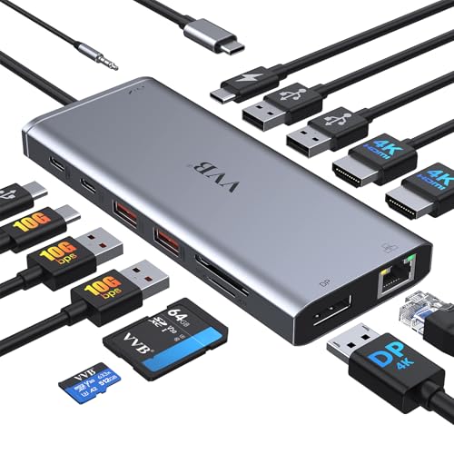 USB C Laptop Docking Station Dual Monitor HDMI for Dell/Lenovo/HP Laptop 14 in 1 USB C Hub Multiport Adapter Dongle Dock USB C to 2 HDMI 4K+DisplayPort+Ethernet+4USB+2USB C+100W PD Charger+SD/TF+Audio - color: Gray